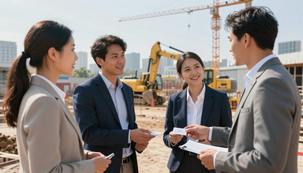 A dynamic scene depicting professionals building a network of contacts in the construction industry. In the foreground, a diverse group of three individuals in smart business attire are engaged in conversation, exchanging business cards and ideas. The middle ground features a construction site with heavy machinery, like excavators and cranes, emphasizing the earthmoving industry. In the background, a city skyline and cranes symbolize growth and opportunity. The lighting is bright and natural, suggesting a sunny day, with soft shadows that create a welcoming atmosphere. The angle captures the interaction among professionals, highlighting collaboration and connection. The overall mood is one of enthusiasm and professional networking, focusing on the importance of building relationships in business.