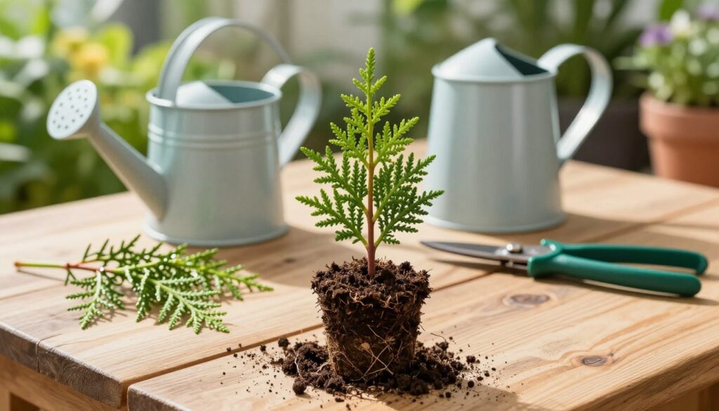 A focused arrangement of "sadzonki tui" (thuja cuttings) set on a rustic wooden table, showcasing fresh green stems with soft, needle-like foliage. In the foreground, the delicate cuttings are placed in a small, earthy pot filled with rich, dark soil, illustrating the ideal preparation for rooting. The middle ground features a gentle watering can and pruning shears, symbolizing the nurturing process. Throughout the scene, natural light streams in from the left, casting soft shadows, giving a warm, inviting ambiance. In the background, blurred hints of a vibrant garden can be seen, enhancing the feeling of growth and vitality. The overall mood is serene and hopeful, evoking the process of cultivation and the beauty of nature.