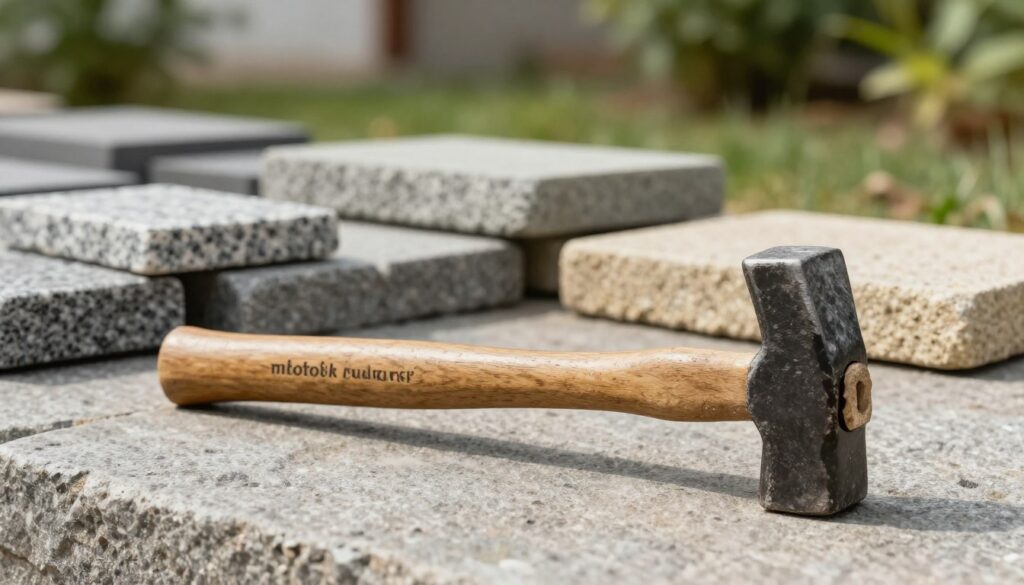 A high-quality, detailed image of a "młotek brukarski" (cobblestone hammer) placed prominently in the foreground on a textured stone surface. The hammer features a sturdy wooden handle and a flat, heavy striking head designed for paving stones. In the middle ground, a selection of different types of paving stones (granite, sandstone, and concrete) are arranged aesthetically, highlighting their textures and colors. The background fades into a soft-focus outdoor setting with greenery, suggesting a serene workspace. Natural light filters in gently, creating soft shadows to enhance the three-dimensionality of the hammer and stones. The atmosphere is peaceful and professional, evoking a sense of craftsmanship and attention to detail, perfect for illustrating a guide on choosing the right tools for paving work.