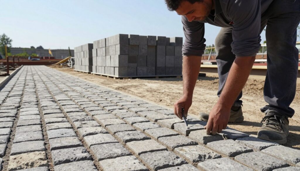 A landscaped construction site showcasing the process of laying cobblestones. In the foreground, a professional worker in modest, casual clothing is meticulously arranging cobblestones on a prepared surface, using precision tools. The middle ground features neatly stacked cobblestones, with a partially laid pathway reflecting careful craftsmanship. In the background, a clear sky enhances natural lighting, creating vivid contrasts on the cobblestones. The atmosphere is industrious yet organized, emphasizing the importance of a well-prepared substrate. The shot is taken at a low angle, highlighting the texture of the cobblestones and the focused expression of the worker, capturing the essence of preparation in the work process.