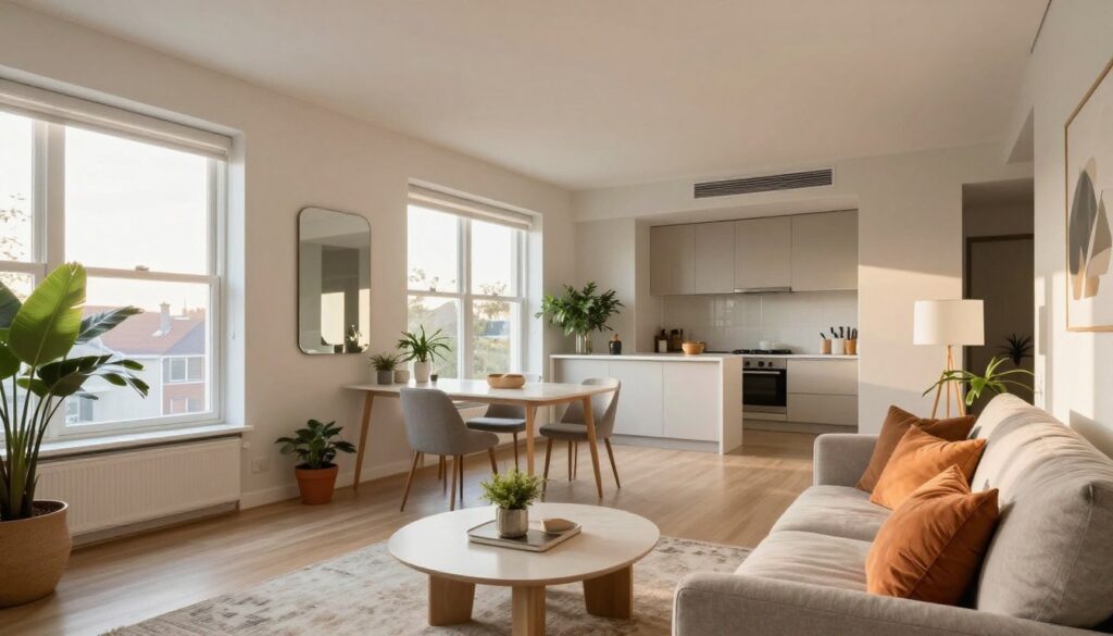 A modern apartment interior within a block building, featuring large windows that allow abundant natural light to flood the space. In the foreground, a cozy living area with a comfortable sofa, vibrant cushions, and a stylish coffee table. The walls painted in soft, neutral colors enhance the light, while a few carefully placed mirrors create an illusion of depth. In the middle ground, a sleek dining area with a bright, inviting table and elegant chairs, surrounded by indoor plants that add a touch of greenery. The background showcases a contemporary kitchen with minimalist design elements. The atmosphere is warm and inviting, with a slight afternoon glow through the windows, emphasizing a sense of spaciousness and tranquility. The perspective is from an angle that captures the overall layout harmoniously.