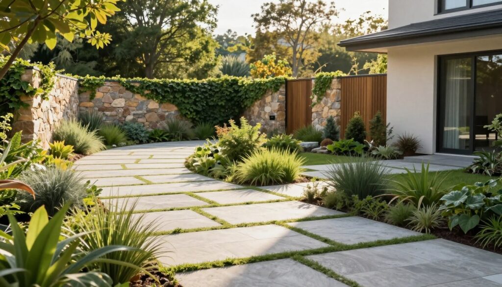 A modern driveway designed with ecological elements, featuring permeable paving stones interspersed with lush greenery and native plants. In the foreground, a clean, winding path leads to a contemporary home, framed by a low stone wall covered in climbing ivy. The middle section showcases a blend of natural materials like wood and stone, harmonizing with the environment. Bright, natural sunlight bathes the scene, creating warm highlights and soft shadows, while the background reveals a landscape of verdant trees and shrubs, enhancing the tranquil atmosphere. Capture this inviting setting at a slight angle, allowing for an expansive view of the elegant driveway and home, emphasizing sustainability and modernization in residential design.