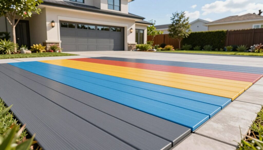 A modern driveway made of colorful PVC panels, showcasing a sleek design and vibrant colors. In the foreground, focus on a close-up of the textured surface of the panels, highlighting their durability and aesthetic appeal. The middle layer features a well-maintained driveway leading to a contemporary garage, surrounded by neatly landscaped greenery. In the background, a clear blue sky enhances the vibrant colors of the panels, with soft sunlight illuminating the scene, creating a warm and inviting atmosphere. The angle is slightly elevated, providing a comprehensive view of the driveway's layout, emphasizing its modernity and design innovation. The mood is fresh, stylish, and appealing, perfect for showcasing the advantages of contemporary plastic panel driveways.