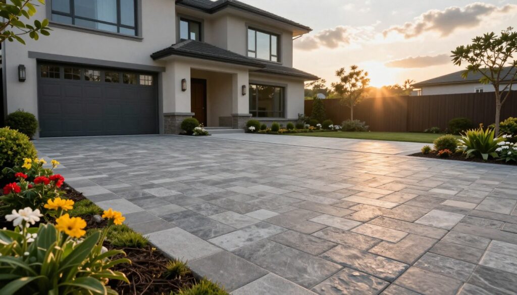 A modern home driveway featuring a sleek design with interlocking pavers made of stone and concrete, showcasing durability and style. In the foreground, a beautifully landscaped garden with vibrant flowers and well-trimmed bushes complements the driveway. The middle ground highlights the smoothly paved surface leading up to a contemporary house with large windows and a welcoming entrance. In the background, a bright sky with soft clouds enhances the light, creating a warm and inviting atmosphere. The sunset casts a golden hue, illuminating the textures of the materials used. The scene is captured from a low angle, giving emphasis to the driveway's aesthetics and the home's architectural details, evoking a sense of modern elegance and long-lasting quality.