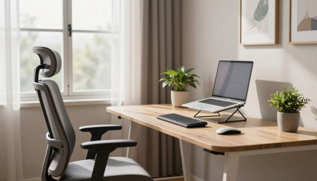 A modern home office designed with ergonomic principles in mind. In the foreground, a sleek ergonomic chair with lumbar support is positioned next to a spacious desk featuring a curved surface. A well-organized workspace includes a laptop on a stand, keyboard, and a potted plant for a touch of greenery. The middle ground shows a window with natural light flooding the room, highlighting a tasteful and minimalistic aesthetic. In the background, neutral-colored walls and decorative elements like framed art create a calming atmosphere. Soft daylight filters through sheer curtains, casting gentle shadows and enhancing the focus on the workspace. The overall mood is serene and professional, ideal for concentration and productivity, reflecting a healthy approach to workstations.