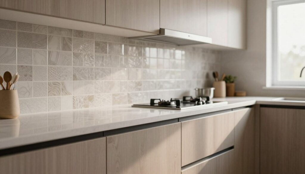 A modern kitchen interior showcasing a variety of moisture-resistant materials, including sleek laminate cabinets, textured tiles, and durable countertops. In the foreground, display a close-up of a beautiful kitchen cabinet with a high-gloss finish that reflects light, emphasizing its water-resistant qualities. In the middle ground, feature an elegant backsplash made of ceramic tiles with a matte finish and a subtle, stylish pattern. The background should include soft, natural lighting coming from a nearby window, enhancing the overall warmth and inviting atmosphere of the kitchen. The composition should feel balanced and aesthetically pleasing, illustrating the importance of choosing the right materials for a functional yet stylish kitchen space.