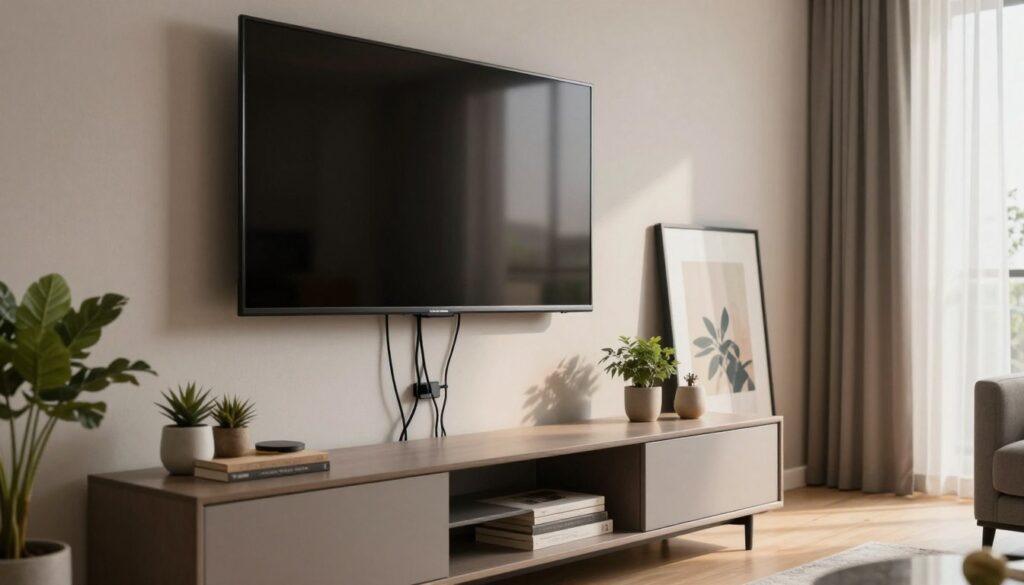 A modern living room featuring elegantly concealed TV cables. In the foreground, a sleek flat-screen TV mounted on a textured accent wall that showcases a minimalist cable management system, harmonizing aesthetics with functionality. The middle ground includes a stylish entertainment unit with decorative elements, such as potted plants and framed artwork, subtly distracting from any visible wires. In the background, a well-lit window draped with sheer curtains lets in warm natural light, creating a welcoming atmosphere. The image should have a balanced composition, shot from a slight angle to emphasize the hidden cable system while showcasing the overall modern decor. The mood is contemporary and sophisticated, with soft lighting enhancing the inviting ambiance.