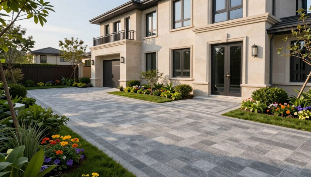 A modern residential home featuring a stylish facade made of light-colored stone, complemented by a harmonious selection of interlocking pavement stones in contemporary gray and muted earth tones. In the foreground, a well-manicured garden with lush greenery and colorful flowers flanks the driveway, enhancing the visual appeal. The middle ground showcases the driveway paved in a pattern that complements the house's facade, with subtle shadows adding depth. In the background, soft blue skies create an inviting atmosphere, with warm sunlight illuminating the scene to evoke a sense of tranquility. The composition captures a balanced, sophisticated aesthetic that emphasizes how the choice of paving color can enhance a home's exterior elegance.