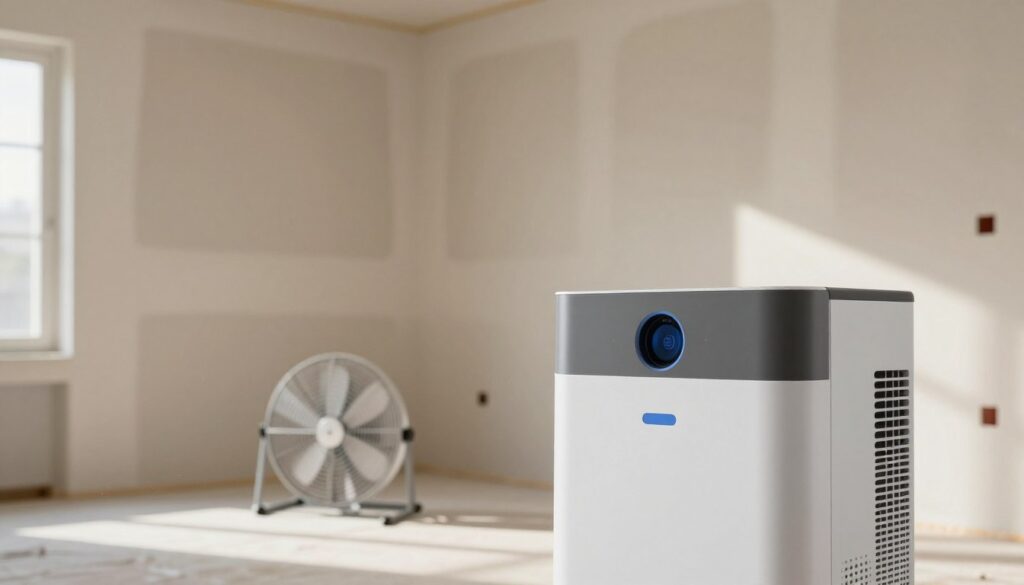 A modern room under construction, featuring a state-of-the-art air dehumidifier prominently in the foreground, with sleek lines and a minimalist design. In the middle ground, a professional-grade fan is positioned next to freshly applied smooth wall plaster, emphasizing the drying process. The background showcases partially finished walls with the texture of newly applied plaster, reflecting soft, warm lighting that creates a calm atmosphere. The scene is viewed from a slight angle to capture the equipment’s functionality. Dust particles are visible in the air, illuminated by beams of sunlight filtering through a window, enhancing the focus on the drying process. The overall mood is focused and industrious, perfect for illustrating the importance of drying techniques in wall finishing.