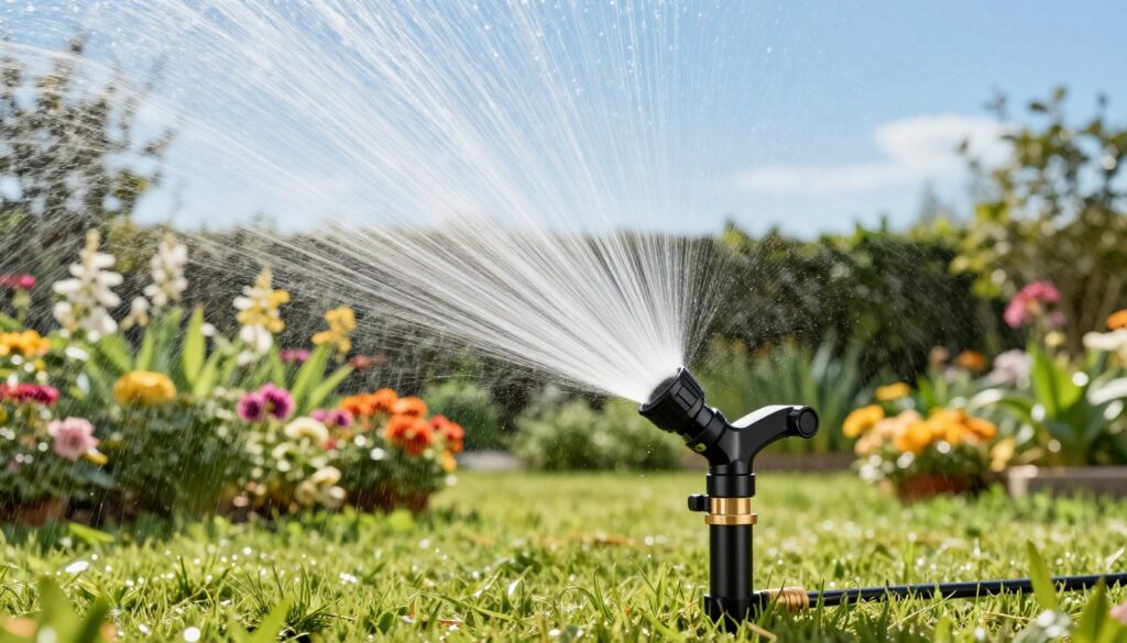 A modern, sleek quick-sealing garden sprinkler system in action, prominently displayed in the foreground. The sprinkler emits a fine mist of water, capturing droplets in sunlight to create a shimmering effect. In the middle ground, a vibrant garden filled with blooming flowers, lush greenery, and a well-maintained lawn emphasizes the effectiveness of the watering system. The background features a clear blue sky, adding to the scene's brightness. Soft, warm lighting enhances the cheerful atmosphere, while a slight angle from above captures the dynamic motion of water spraying, conveying a sense of innovation and efficiency in garden irrigation. Focus on the details of the sprinkler's design, showcasing its modern technology and functionality.