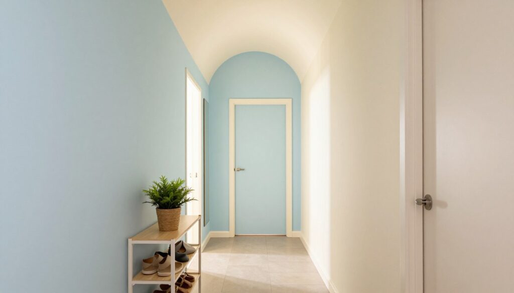 A narrow corridor bathed in soft, inviting light, showcasing freshly painted walls in light pastel colors—soft blues and warm creams—designed to create an illusion of spaciousness. The ceiling is slightly arched and painted in a contrasting yet harmonious pale color, enhancing the height and openness. In the foreground, a well-organized shoe rack and a potted plant provide a touch of homeliness, while in the middle ground, a framed mirror reflects the light and colors, adding depth. The background features a closed door with a matching color scheme, leading to another brighter space, hinting at an inviting atmosphere. The overall mood is warm, welcoming, and visually expansive, emphasizing how colors can transform a tight space into a more open and friendly environment.