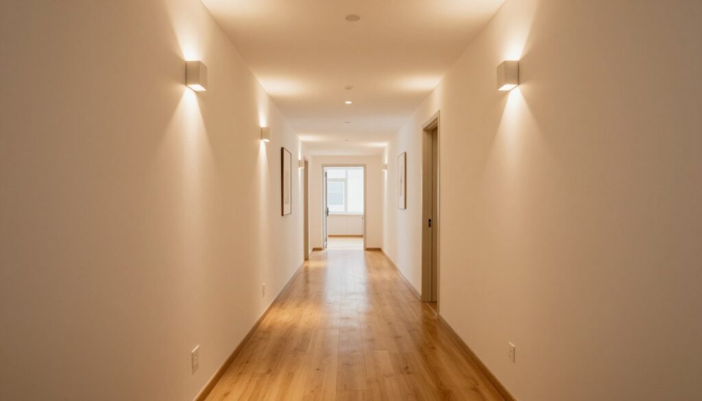 A narrow corridor illuminated by soft, warm LED lights mounted along the walls, creating a welcoming atmosphere. The foreground features polished wooden flooring reflecting the gentle light, leading the viewer's eye down the corridor. In the middle ground, white walls are adorned with minimalistic artwork, enhancing the spacious feel. The ceiling is accented with elegant recessed lighting that casts a subtle glow, further brightening the area. The background reveals a distant open door, hinting at a bright, inviting room beyond. The scene is captured with a wide-angle lens to emphasize the breadth of the corridor, with the lighting creating a cozy, inviting ambiance that conveys friendliness and openness.
