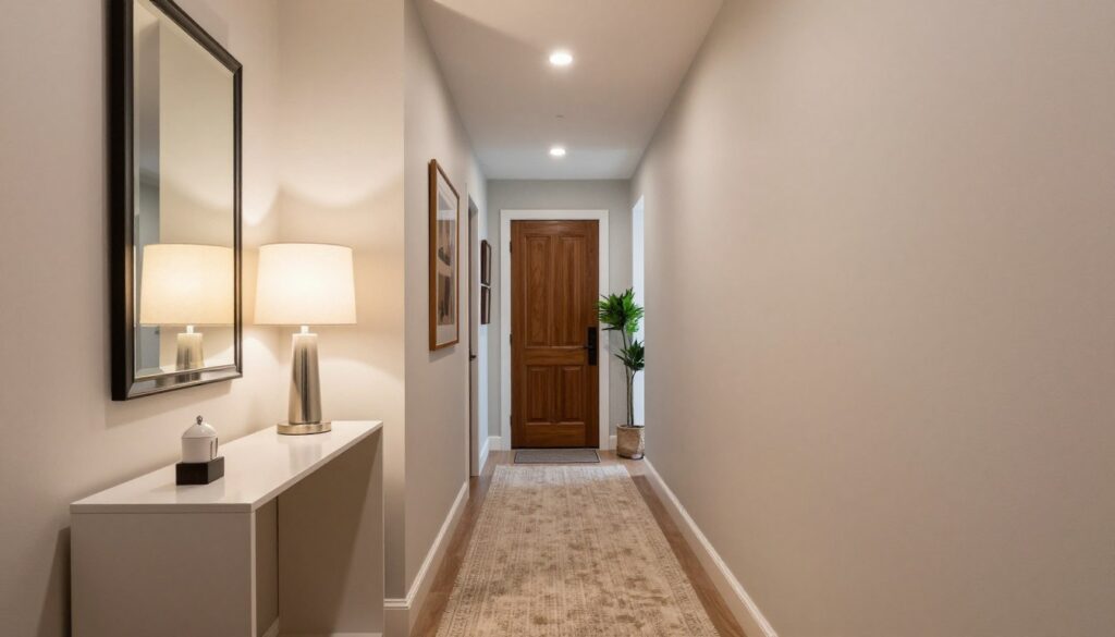 A narrow, stylish hallway designed for a modern family home. The foreground features a sleek, minimalist console table with an elegant table lamp and a decorative mirror enhancing the space’s depth. In the middle, soft, ambient lighting illuminates light-colored walls, which are accented with framed artwork that draws the eye along the corridor. A plush runner rug adds warmth, leading the viewer's gaze down the hallway. The background shows a beautifully crafted wooden door and indoor plants that lend a touch of greenery, creating an inviting atmosphere. The angle should emphasize the length of the hallway, conveying a sense of spaciousness while maintaining a cozy feel.