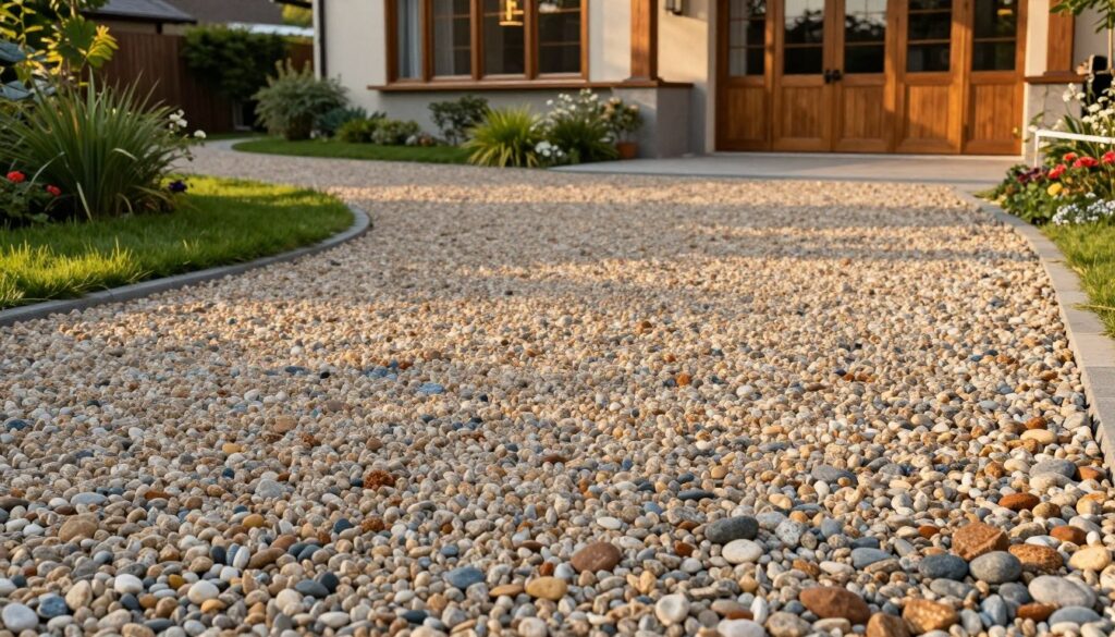 A picturesque residential driveway made of various sizes of decorative gravel, showcasing a blend of warm earthy tones like beige, light gray, and subtle rust. The foreground features well-placed pebbles with different textures, while the middle ground highlights a gently curving driveway bordered by lush green grass and flowering plants. In the background, a charming house with warm wooden accents and large windows reflects a classic yet modern design. Golden sunlight softly illuminates the scene, casting gentle shadows and enhancing the textures of the gravel. The overall mood is inviting and serene, demonstrating the beauty and practicality of gravel as a cost-effective pavement solution that harmonizes with nature.