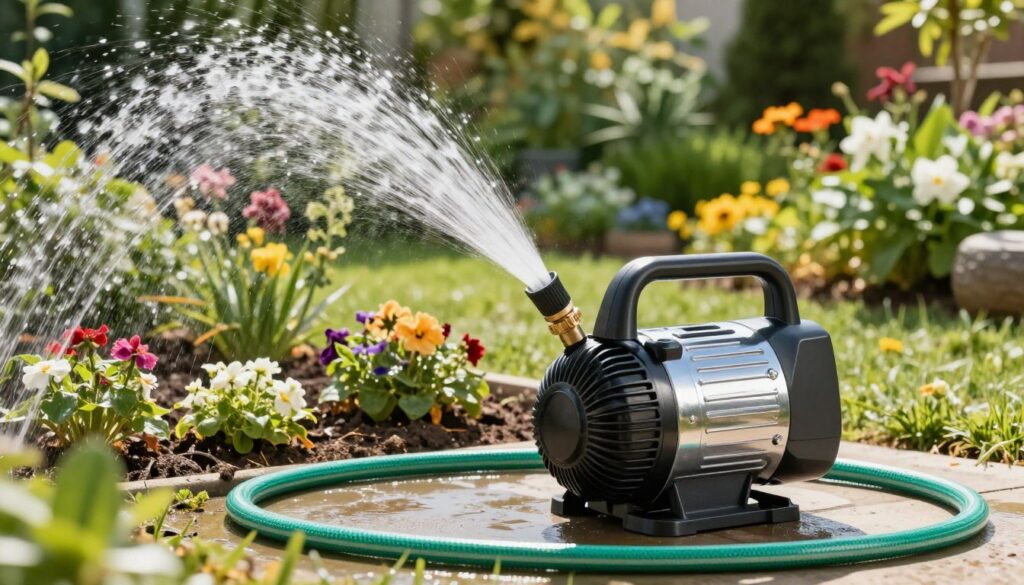 A powerful garden pump is set in the foreground, showcasing its sleek design and shiny metallic surface, with various hoses attached. In the middle layer, water streams forcefully from the pump, cascading through a vibrant green garden hose, illustrating the enhanced water pressure. The background features a well-maintained garden filled with blooming flowers and verdant plants, emphasizing the effectiveness of the pump. Bright, natural sunlight filters through the leaves, casting gentle shadows and creating a warm, inviting atmosphere. The scene is captured from a slightly elevated angle to provide a comprehensive view of the setup, highlighting the pump's functionality and the flourishing garden it supports. The mood conveys a sense of productivity and optimism, inspiring readers to enhance their gardening experience.