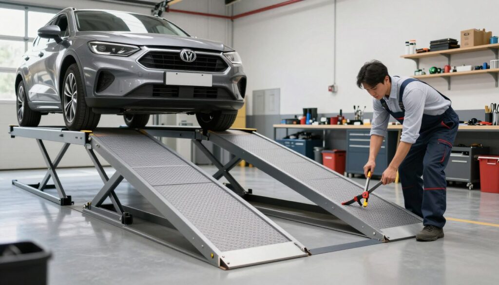 A practical garage ramp with quick technical fixes is shown in a well-lit, modern setting. In the foreground, a well-engineered ramp with a gentle incline is made from high-quality materials, featuring smooth edges. A mechanic in professional business attire is inspecting the ramp, using tools for adjustments. In the middle ground, a stylish car is parked at the top of the ramp, showcasing a seamless transition that ensures comfort and safety. The background illustrates a spacious, organized garage with shelves and tools neatly arranged, bathed in soft, natural lighting from windows. The overall atmosphere conveys a sense of efficiency and professionalism, emphasizing the importance of safety and convenience in garage design.