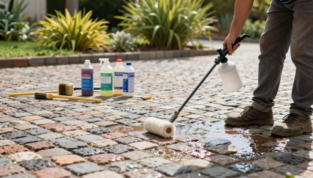 A professional crew applying protective treatments to a stone pavement, illustrating an array of colorful cobblestones in a neat pattern. The foreground features a detailed close-up of a worker using a spray applicator, wearing modest casual clothing, ensuring a safe working environment. In the middle ground, bottles of protective sealants are neatly arranged next to brushes and rollers, emphasizing the methodical approach to maintenance. The background showcases a well-kept garden, with vibrant green plants and sunlight filtering through, creating a warm and inviting atmosphere. The image captures a crisp, bright day, with reflections glistening on the stone surface, highlighting the protection process in action.
