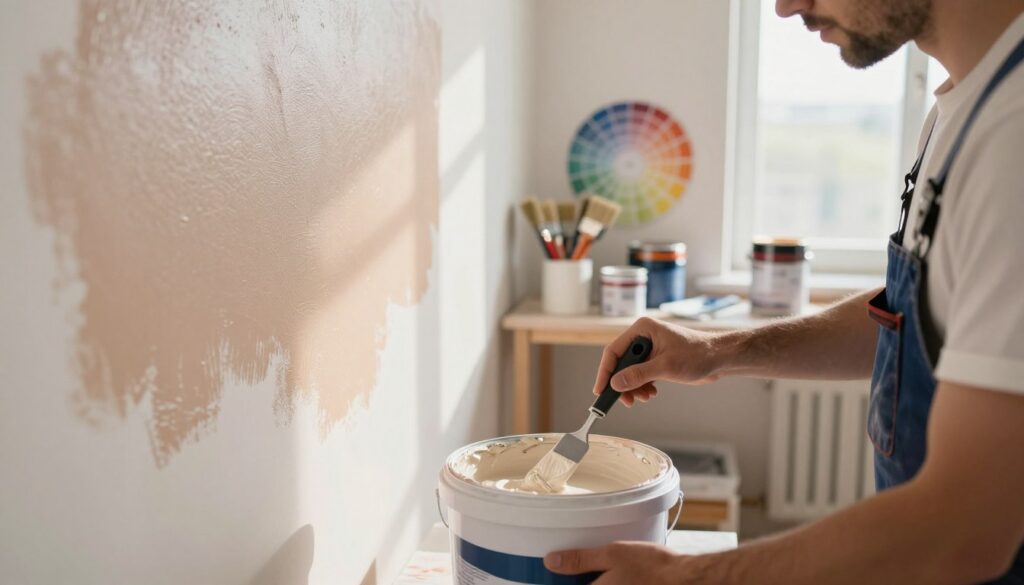 A professional painter stands in a well-lit room, focused on the task of lightening wall paint. In the foreground, a close-up of their hands skillfully mixing a fresh bucket of light-colored paint with a palette knife, emphasizing the texture and consistency of the paint. In the middle, a partially painted wall showcases a gradient from dark to light shades, indicating the transformation. The background features various paint cans in organized racks, clean brushes, and a color wheel, creating an atmosphere of productivity and creativity. Soft, natural lighting filters through a window, casting gentle shadows and giving the scene a warm, inviting feel. The overall mood conveys expertise and the satisfaction of achieving the perfect hue.