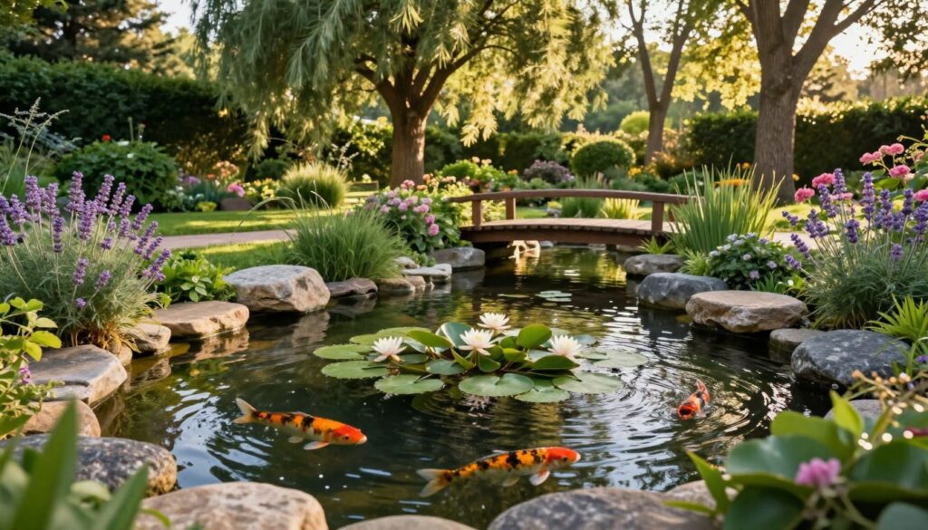 A serene garden pond (oczko wodne) nestled in a vibrant, lush backyard, showcasing a harmonious blend of water lilies and stones. In the foreground, clear, gently rippling water reflects soft sunlight, while a few colorful koi fish gracefully swim beneath the surface. Lush greenery surrounds the pond, with flowering plants in shades of lavender and pink creating a natural border. The middle ground features a small wooden bridge arching over the pond, inviting viewers to explore. In the background, tall trees stand majestically, their leaves lightly swaying in the breeze, casting dappled shadows on the ground. The scene is bathed in warm, golden hour lighting, enhancing the tranquil and inviting atmosphere of a well-designed water feature. The mood is peaceful and refreshing, ideal for a harmonious outdoor retreat.