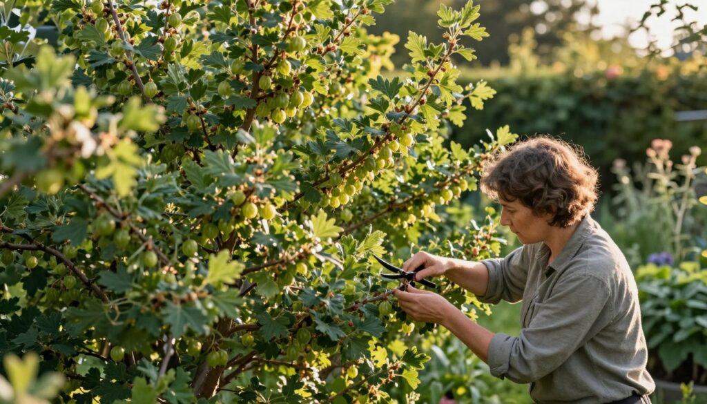 A serene garden scene featuring a mature gooseberry bush in the process of thinning out. In the foreground, a gardener dressed in modest casual clothing carefully prunes lower branches, revealing ripe green gooseberries hanging on the bush. The middle ground showcases the bush with a dense foliage backdrop, emphasizing the need for light and air circulation. Soft, warm sunlight filters through the leaves, casting gentle shadows and highlighting the textures of the leaves and fruit. In the background, a blurred, lush garden filled with various plants adds depth, creating a tranquil and productive atmosphere. The overall mood is serene and focused, capturing the essence of responsible gardening practices.