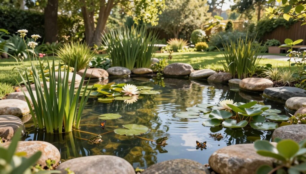A serene garden scene featuring a well-planned backyard pond, designed to protect local wildlife. In the foreground, diverse aquatic plants like water lilies and reeds are gently swaying in the water, while small frogs and butterflies can be seen. The middle ground showcases a clear, shimmering pond with smooth stones around its edges, creating a natural habitat. In the background, lush greenery and tall trees filter sunlight, casting dappled shadows on the water’s surface. A soft, warm light enhances the tranquil atmosphere, with a slight reflection of the sky visible in the pond. The scene conveys harmony between nature and the garden, emphasizing the importance of maintaining an eco-friendly environment.
