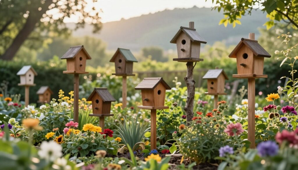 A serene garden scene featuring multiple wooden birdhouses, each uniquely designed, nestled among lush greenery and colorful flowers. In the foreground, vibrant blooms interact with soft sunlight, illuminating the birdhouses and creating a welcoming atmosphere. The middle ground showcases the birdhouses in various heights, some perched on tree trunks and others on rustic poles, inviting various bird species. In the background, a blurred view of trees and distant hills adds depth, with gentle rays of sunlight filtering through the foliage. Capture a warm, inviting mood that emphasizes harmony with nature, utilizing a soft focus lens to enhance the tranquil vibe of the environment.