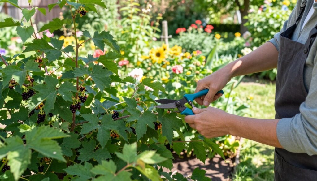 A serene garden scene focused on a person carefully pruning gooseberry bushes. The foreground features the individual, dressed in modest gardening attire, gently using pruning shears to shape the lush green foliage of a gooseberry plant, with ripe berries visible among the leaves. In the middle ground, the garden is rich with various healthy plants and colorful flowers, showcasing a vibrant summer atmosphere. In the background, soft sunlight filters through the trees, casting dappled shadows on the ground. The overall mood is calm and peaceful, with a hint of productivity, emphasizing the nurturing aspect of gardening. The composition is vivid, well-lit, and inviting, capturing the essence of caring for fruit-bearing plants for optimal growth and yield.