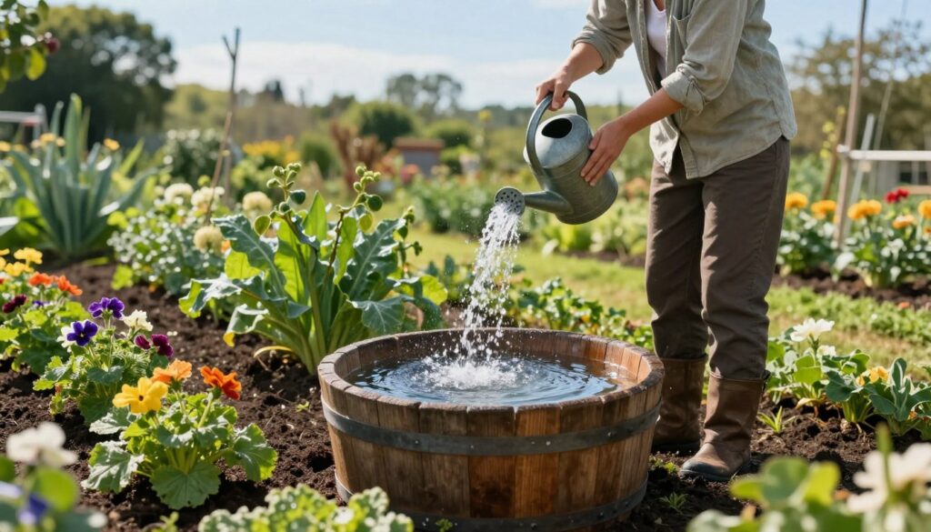 A serene garden scene highlighting the use of rainwater for plant irrigation. In the foreground, a rustic wooden rain barrel filled with clear, sparkling rainwater, surrounded by vibrant flowers and healthy vegetables thriving in rich, dark soil. In the middle ground, a gentle gardener, dressed in a modest outfit, pours rainwater from a watering can over lush green plants, illustrating the nurturing process. In the background, a tranquil landscape with soft-focus trees and a clear blue sky, allowing soft, natural sunlight to illuminate the scene, casting gentle shadows. The atmosphere feels serene and nurturing, evoking a sense of harmony between nature and sustainable gardening practices.