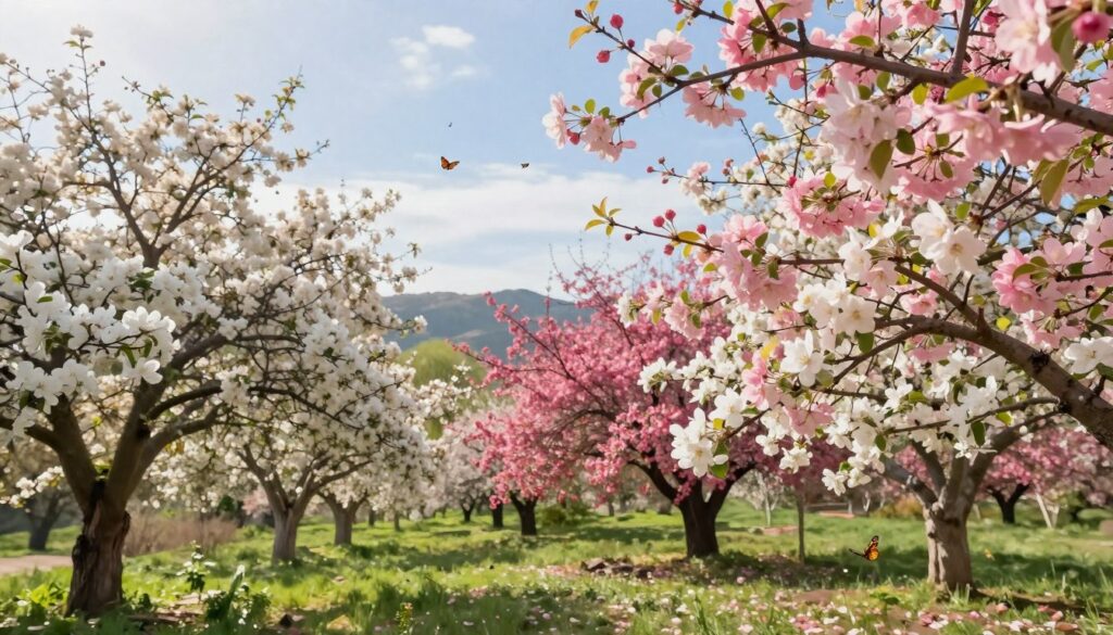 A serene garden scene showcasing blossoming fruit trees in full bloom, with vibrant pink and white flowers covering the branches. In the foreground, delicate blossoms are highlighted with soft morning light that creates a gentle glow, while butterflies flutter around them. The middle ground features a variety of fruit trees—apple, cherry, and peach—intermingled, showcasing their unique blossoms. The background reveals a lush green landscape with rolling hills and a bright blue sky, indicative of early spring. The soft lighting conveys a peaceful and refreshing atmosphere, suggesting the beauty of nature and the timing factors contributing to tree blooming. Capture this scene from a low angle to emphasize the grandeur of the trees against the sky.