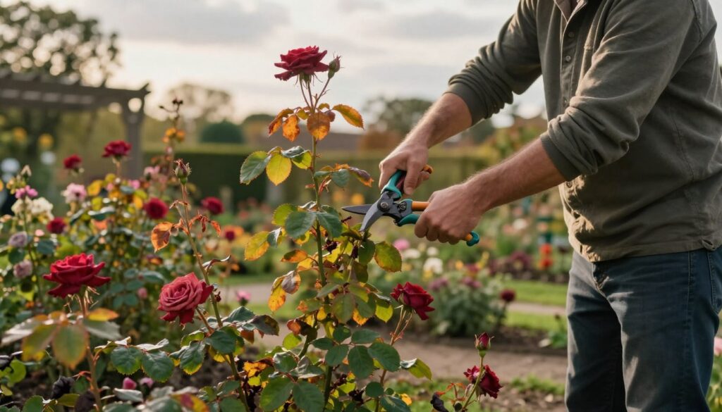A serene garden setting during late autumn, showcasing a professional gardener in modest casual clothing carefully pruning climbing roses. The foreground features vivid green and slightly wilted rose leaves with hints of red and yellow from the changing season. In the middle, the gardener uses precise pruning shears to cut back the roses, demonstrating proper technique amid a backdrop of fading blooms. The background displays softly blurred garden structures, allowing the vibrant colors of the climbing roses to stand out. The scene is illuminated by gentle, warm sunlight filtering through overcast skies, creating a calm and focused atmosphere, emphasizing the importance of correctly preparing climbing roses for winter. The angle captures both the action of pruning and the beauty of the surrounding flora.