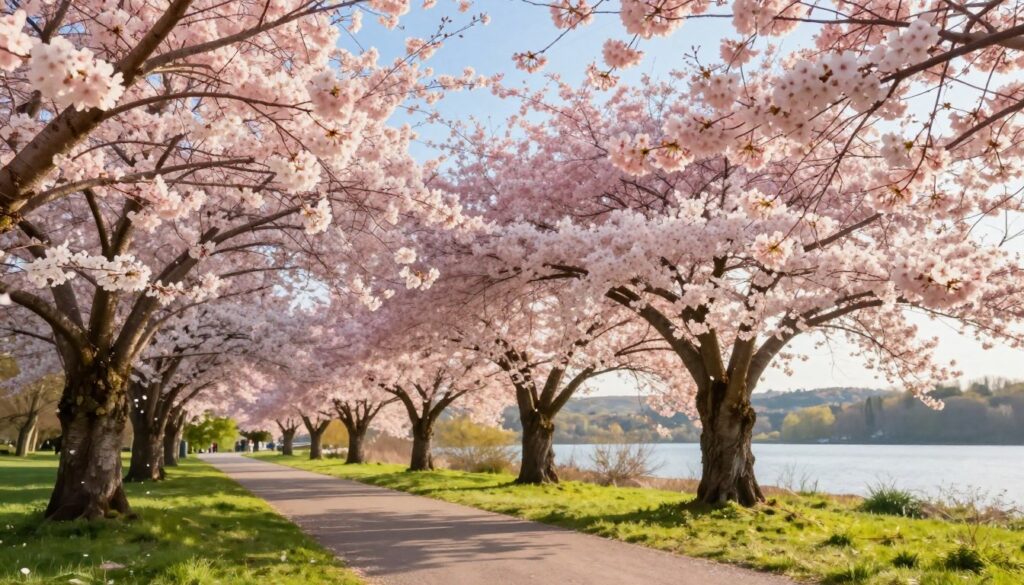 A serene landscape featuring blooming cherry blossom trees in full display, with delicate pink and white petals cascading softly in the breeze. In the foreground, a winding path lined with vibrant green grass leads through a picturesque park setting, inviting viewers to stroll among the blossoms. The middle ground showcases several cherry trees, their branches heavily laden with flowers against a backdrop of a clear blue sky. In the background, subtle hints of distant hills or a tranquil lake shimmer under warm, golden sunlight, enhancing the peaceful atmosphere. The scene captures the essence of springtime in Poland, evoking feelings of tranquility and natural beauty as the soft light bathes everything in a gentle glow.