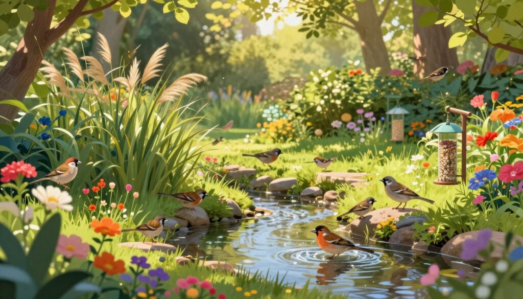 A serene natural oasis dedicated to birds, vividly illustrated in a vibrant garden setting. In the foreground, a variety of colorful flowers bloom, surrounded by lush green foliage and small bird feeders filled with seeds. A gentle stream flows through the middle, reflecting the sunlight, with birds, such as finches and sparrows, playfully splashing around. Tall grasses sway lightly in the breeze, creating a sense of tranquility. In the background, soft sunlight filters through the leaves of tall trees, casting dappled shadows on the ground. The scene conveys a peaceful atmosphere, inviting birds to flock and thrive in this harmonious environment. Capture the essence of nature with a warm, golden-hour glow to enhance the inviting mood.
