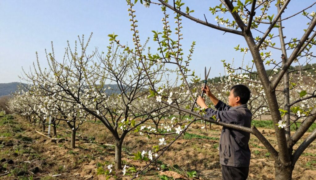 A serene orchard scene depicting the pruning of cherry trees in late winter. In the foreground, a gardener dressed in modest casual clothing carefully trims branches of a blossoming cherry tree, focusing on maintaining its shape and health. The middle ground shows several cherry trees in various stages of bloom, illustrating the careful selection of branches to be pruned. In the background, gentle hills and a clear blue sky create an inviting atmosphere, with soft sunlight illuminating the budding flowers and fresh green leaves. The composition is captured from a slightly elevated angle, showcasing the intricate details of the pruning process, emphasizing the balance between artistry and horticultural care. The overall mood is calm and focused, embodying the dedication to healthy tree growth and improved fruit yield.