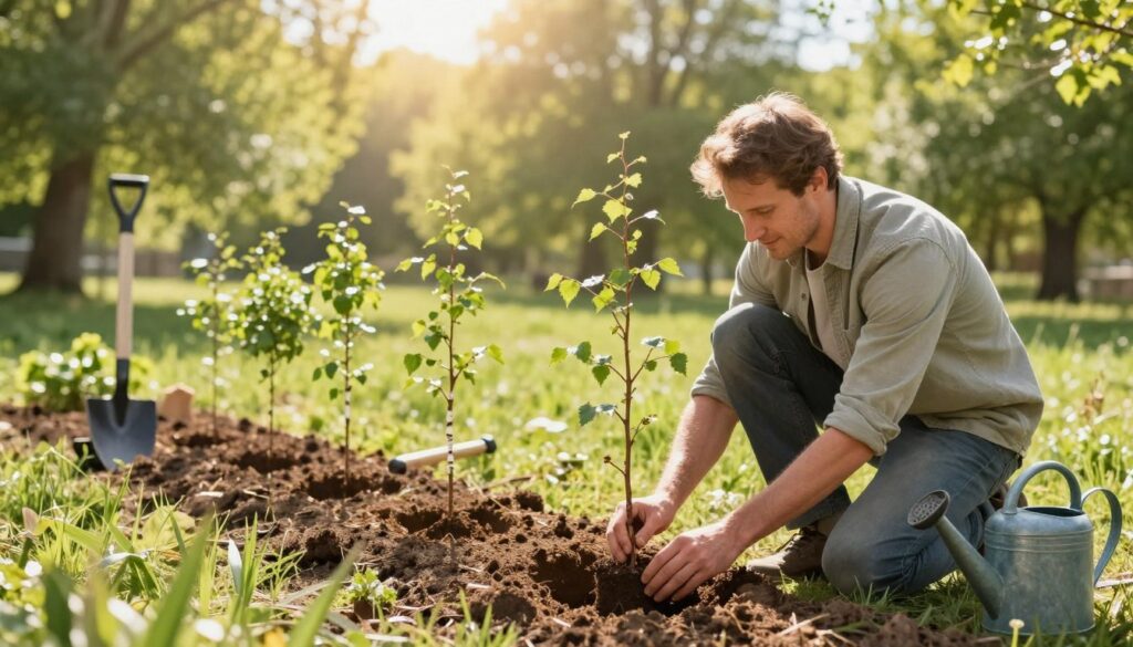 A serene scene depicting practical techniques for planting birch trees in a lush green landscape. In the foreground, a knowledgeable gardener in modest casual clothing kneels on the sunlit soil, carefully placing a young birch tree sapling into a freshly dug hole. In the middle ground, additional saplings are lined up, showcasing various stages of growth, while tools like a spade and watering can are visible, indicating active planting. The background features a soft-focus view of a sunlit forest, emphasizing the natural environment suitable for birch growth. The atmosphere is bright and uplifting, with soft, golden sunlight filtering through the leaves, creating a warm, welcoming mood, captured with a slightly elevated angle to highlight the gardener’s technique and the saplings in focus.