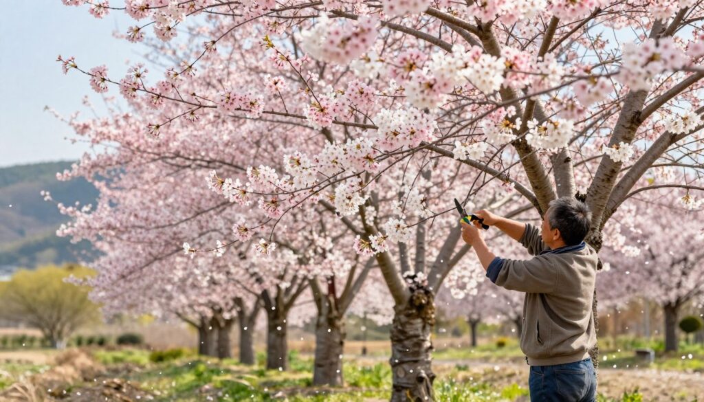 A serene scene of cherry trees in full bloom, showcasing their delicate pink and white blossoms. In the foreground, a gardener gently pruning the branches, wearing modest casual clothing, with a small tool in hand, focused on nurturing the trees. The middle ground features several cherry trees, vibrant with blossoms, their petals softly falling like confetti. The background is a sunny spring landscape with a clear blue sky, distant rolling hills, and other trees in gentle focus. Soft, warm lighting creates a peaceful atmosphere, enhancing the vivid colors of the blooms and green leaves. The image captures the essence of cherry tree care, emphasizing harmony between nature and cultivation.