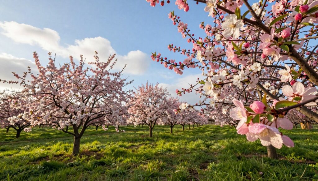 A serene spring landscape showcasing the peak bloom of fruit trees, featuring vibrant pink and white blossoms filling the branches. In the foreground, delicate flowers with dew drops glisten under the soft morning sunlight, creating a sense of freshness. The middle ground highlights several young fruit trees in full bloom, casting gentle shadows on the lush green grass below. In the background, a clear blue sky with a few soft, fluffy clouds adds to the tranquil atmosphere. The scene is illuminated with warm, natural lighting, evoking a sense of joy and renewal. Use a wide-angle lens to capture the expansive beauty of the blooming orchard, inviting the viewer to immerse in the vivid colors and textures of spring.