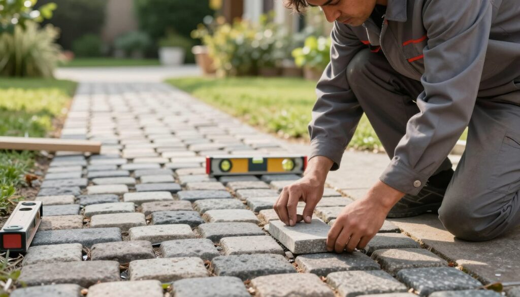 A skilled worker expertly arranging cobblestones in a picturesque outdoor setting, showcasing the process of laying paving stones for durability and effective water drainage. In the foreground, the worker is focused on aligning the stones with precision, wearing professional, modest work attire. In the middle ground, a partially completed pathway reveals the well-organized cobblestones, demonstrating stability, with a level tool resting on the ground nearby. The background features a neatly landscaped garden area, bathed in soft natural sunlight, highlighting the textures of the stones and surrounding greenery. A sense of professionalism and dedication permeates the scene, evoking a feeling of craftsmanship. The image is captured with a shallow depth of field, emphasizing the action of laying the stones while softly blurring the background details.