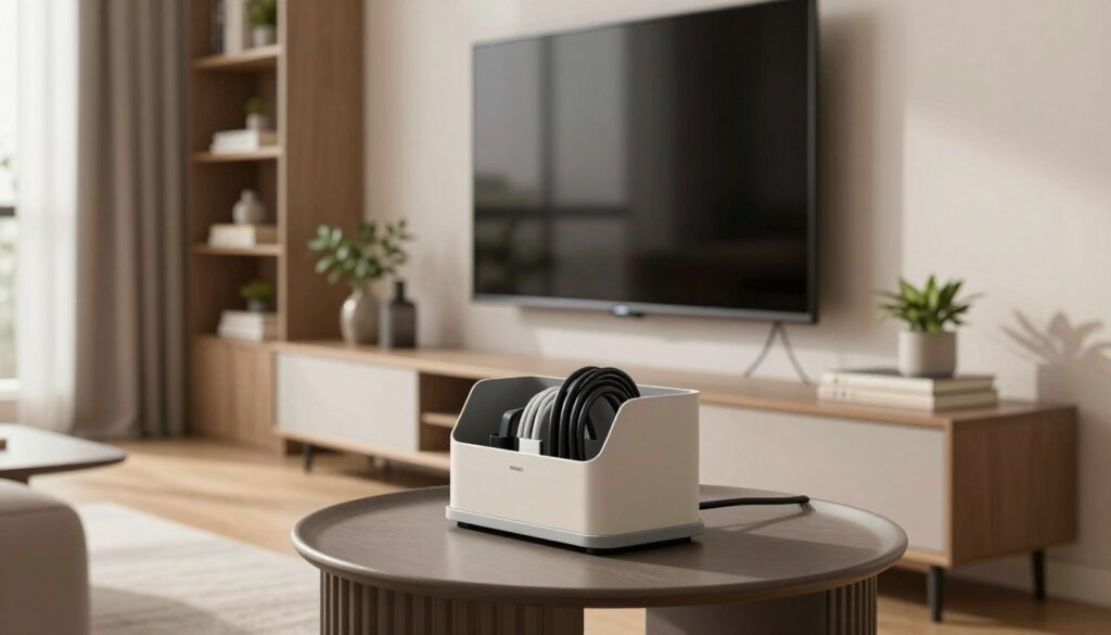 A sleek, modern living room scene showcasing practical accessories for cable management. In the foreground, a stylish cable organizer sits neatly on a side table, featuring a minimalist design with subtle colors that blend with the decor. The middle ground displays an elegantly mounted flat-screen TV with cables discreetly routed behind the wall, while a contemporary shelving unit with decorative plants and books emphasizes organization. The background includes soft, natural lighting filtering through large windows, creating a warm and inviting atmosphere. The angle is slightly tilted, enhancing depth, and highlighting the clean lines of the furniture. Overall, the image embodies a sophisticated, clutter-free environment conducive to modern living.