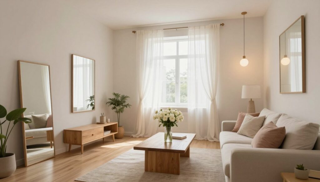 A softly lit interior of a dark room being transformed into a brighter space, featuring light-colored walls, stylish furniture, and strategically placed mirrors. In the foreground, a cozy couch adorned with pastel-colored cushions invites relaxation. The middle ground includes a wooden coffee table with a vase of fresh white flowers, radiating a sense of tranquility. The background showcases a large window adorned with sheer, flowing curtains that allow soft, natural light to flood the room, enhancing the airy feel. Warm, inviting lighting fixtures hang from the ceiling, casting a gentle glow. The atmosphere is serene and uplifting, suggesting an inviting and spacious environment. The image captures the essential elements of using a light color palette to make the room feel larger and brighter.