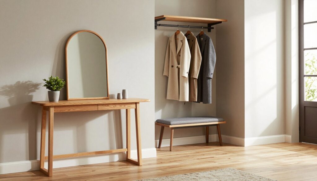 A stylish and functional hallway furniture arrangement in a modern family home. In the foreground, a sleek wooden console table adorned with a decorative mirror and a small potted plant, providing an inviting focal point. The middle features a well-organized coat rack with hanging coats and a stylish bench for seating, all blending functionality with aesthetic appeal. The background showcases a softly lit corridor with warm wood flooring and neutral-colored walls, reminiscent of contemporary design. Natural light filters through a nearby window, casting gentle shadows and creating a cozy atmosphere. Emphasize clean lines and an organized layout to illustrate practicality and elegance in hallway decor.