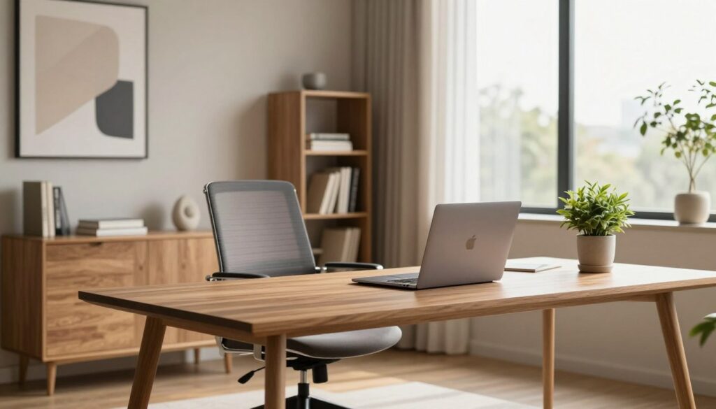 A stylish and modern home office interior designed for focus and productivity. In the foreground, a sleek, minimalist wooden desk with a high-end laptop and a potted plant, showcasing a professional atmosphere. In the middle, an ergonomic office chair, a small bookshelf filled with neatly organized books, and subtle decorative accents that inspire creativity. The background reveals a large window allowing natural light to flood the space, with soft, warm lighting to enhance the inviting mood. Soft neutral wall colors amplify the serenity, while abstract wall art introduces a touch of personality. The scene is captured from a slight angle that emphasizes depth, creating an open and airy feel, perfect for fostering concentration and aesthetic appeal.