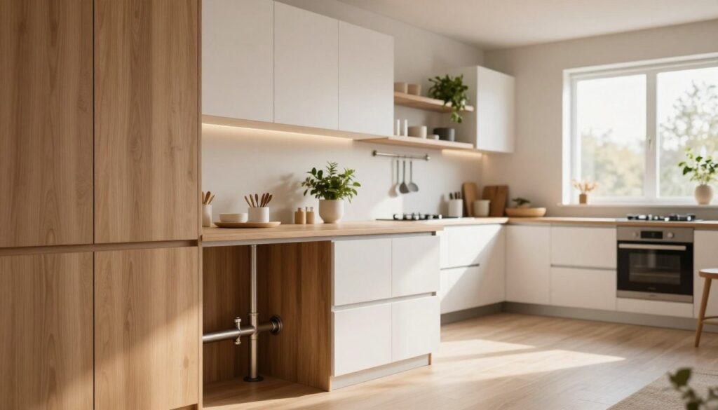 A stylish kitchen interior featuring cleverly concealed pipes and plumbing within modern cabinetry. In the foreground, showcase elegant wooden panels and sleek white cabinet doors that seamlessly integrate with the kitchen design. The middle ground highlights minimalist shelves with decorative plants and kitchen utensils, emphasizing functionality and aesthetics. In the background, a soft-focus view of a well-organized kitchen workspace, illuminated by warm natural light streaming through a window, creating a cozy and inviting atmosphere. Use a wide-angle lens effect to capture the spaciousness of the kitchen while ensuring all elements are harmoniously arranged. The overall mood should be tranquil and sophisticated, demonstrating effective installation masking methods without visible clutter or disruption.