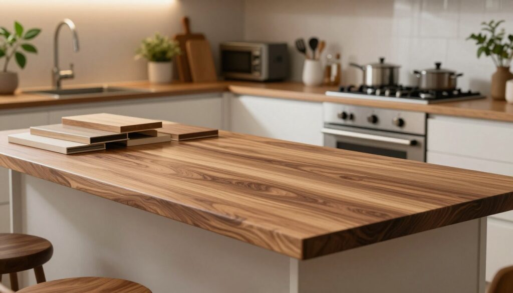 A stylish kitchen scene showcasing a selection of teak wood countertop samples in various thicknesses on a modern kitchen island. The foreground features a beautifully polished, medium-thick teak countertop with a natural finish, emphasizing its wood grain and texture. To the side, thinner and thicker countertop samples are neatly arranged, highlighted by warm, soft lighting that enhances the richness of the wood tones. The middle includes elegant kitchen appliances and utensils, creating an inviting cooking atmosphere. In the background, a tastefully decorated kitchen with white cabinetry and green indoor plants adds a fresh, contemporary vibe. The mood is warm and inviting, perfect for a design-focused article on home interiors.