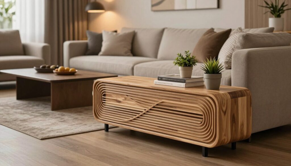 A stylish modern living room featuring a creative radiator cover that doubles as a piece of furniture. In the foreground, showcase the sleek and artistic design of the radiator cover, crafted from natural wood with elegant lines, adorned with decorative plants and books on top. In the middle, incorporate a cozy sofa with plush cushions in neutral tones, complemented by a contemporary coffee table. The background should depict warm, ambient lighting that illuminates the room softly, enhancing a welcoming atmosphere. Use a wide-angle lens perspective to capture the entirety of the space, giving a sense of depth and comfort. The overall mood should be a perfect blend of warmth and sophistication, exemplifying practical interior design solutions.