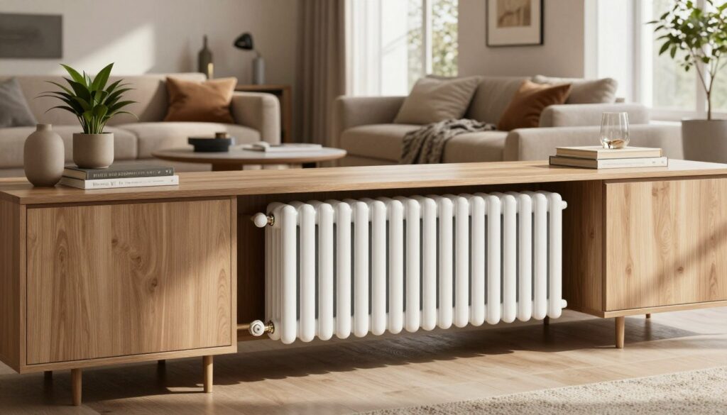 A stylish modern living room featuring an elegantly concealed radiator, blending seamlessly into the décor. The foreground shows a sleek, minimalist cabinet with a natural wood finish, housing the radiator and adorned with decorative plants and books. In the middle ground, plush seating is arranged around a cozy coffee table, with a warm color palette of earth tones creating a welcoming atmosphere. The background features large windows letting in soft, natural light, casting gentle shadows across the room. The composition emphasizes a balance between aesthetic appeal and thermal efficiency, hinting at the technical aspect of heat flow and insulation. The overall mood is serene and sophisticated, ideal for showcasing how to maintain warmth without sacrificing style.