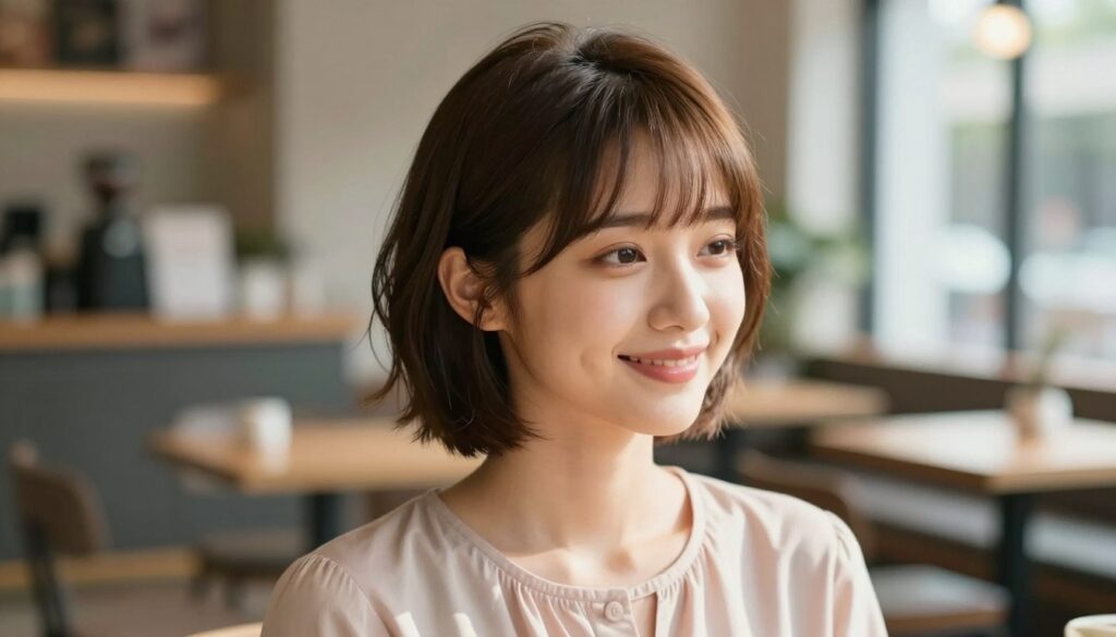 A stylish young woman with a short, neatly styled fringe (bangs) is the focal point of the image, her hair elegantly pinned back to showcase her face. She is wearing a chic, modest blouse in soft pastel colors. The background is a softly blurred, modern cafe setting with natural light pouring in from large windows, creating a warm, inviting atmosphere. The composition captures her head and upper shoulders from a slight angle, emphasizing her hairstyle and bright smile. The lighting is soft and diffuse, hinting at early morning or late afternoon. The overall mood is fresh and uplifting, reflecting confidence and fashion awareness while offering a glimpse into practical, everyday hair styling tips.