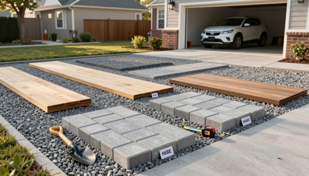 A temporary garage driveway selection scene, showcasing various materials like gravel, wooden planks, and interlocking pavers arranged in an organized manner. In the foreground, display samples of each material labeled clearly, with a small toolset nearby including a shovel and measuring tape. The middle ground features an unfinished driveway with partially laid materials, while the background shows a suburban garage with an open door, highlighting a clean, modern vehicle parked inside. Soft afternoon sunlight filters through trees, casting gentle shadows, emphasizing a practical and inviting atmosphere. The overall mood is one of efficiency and resourcefulness, suggesting a quick and budget-friendly DIY project.