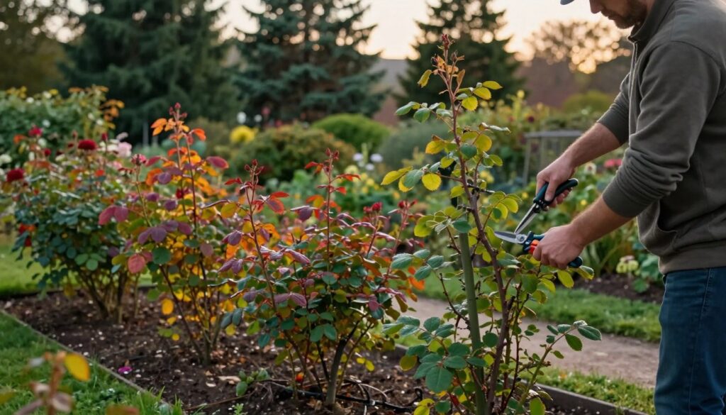 A tranquil garden scene illustrating the careful preparation of climbing rose bushes for winter. In the foreground, a pair of gardeners in modest casual clothing gently trim the long, verdant branches of the roses, using pruning shears with precision. The middle ground features a lush display of healthy rose foliage, showcasing a variety of colors transitioning into autumn hues, while the background reveals a soft, warm light filtering through tall evergreen trees, creating a serene ambiance. The overall atmosphere is peaceful and focused, evoking a sense of care and attention to nature's cycles. The image captures the essence of preparation without harsh cuts, emphasizing a nurturing approach to gardening.