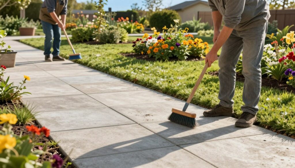 A tranquil garden scene showcasing the maintenance and care of a concrete surface. In the foreground, a pair of professionals in modest casual clothing are carefully cleaning a path made of evenly laid concrete slabs, using brushes and garden tools. The middle ground features neatly trimmed grass and vibrant flowers, illustrating the surroundings of the pathway. In the background, there are well-maintained garden beds and a clear blue sky, suggesting a sunny day ideal for gardening. The lighting is warm and bright, casting gentle shadows that add depth to the scene. The overall mood is peaceful and diligent, capturing the essence of garden care and the beauty of a well-kept outdoor space.