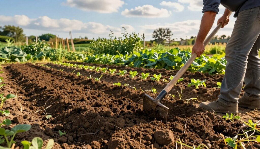 A vibrant agricultural scene showcasing soil preparation for vegetable planting. In the foreground, a farmer in modest casual clothing is using a hoe to aerate rich, dark soil, revealing its texture. The middle ground features freshly turned earth with visible angles and contours, organized rows ready for sowing. In the background, a lush, green garden with various vegetable plants peeking through the soil, flanked by a blue sky scattered with soft clouds, creates a serene atmosphere. The lighting is warm and golden, simulating early morning sunlight to emphasize the freshness of the newly prepared soil. The angle captures the depth of the ground and the greenery, inviting the viewer into the process of planting and nurturing the earth.